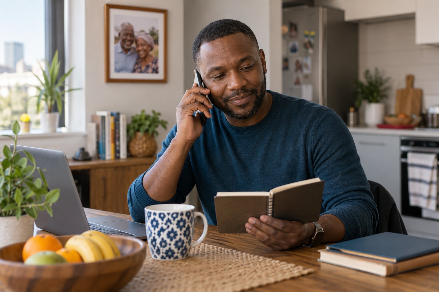 An adult speaking with family by phone while looking at his care-planning notebook