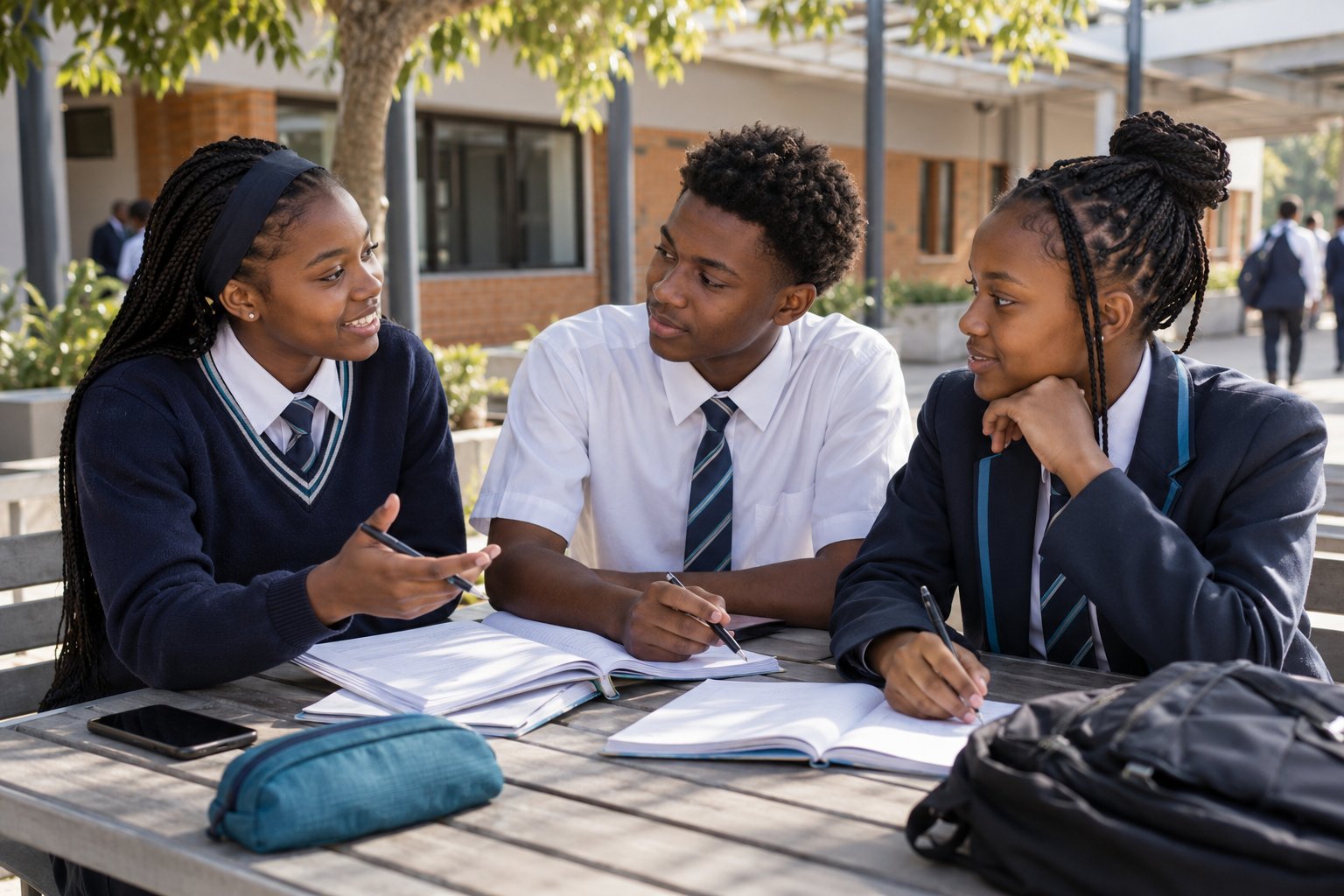 Three teenage friends in school uniform discussing a study plan in a school courtyard