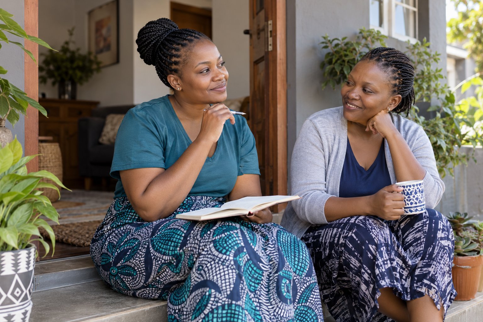 Two adult friends taking a quiet moment to talk and reflect with a notebook