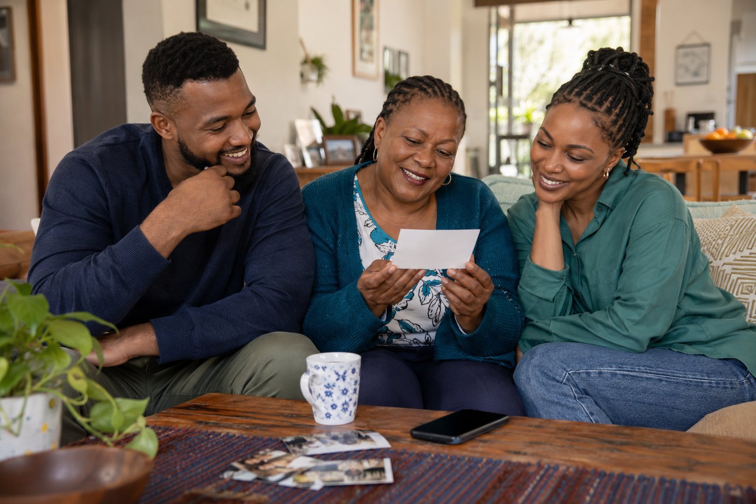 Three adult relatives sharing a photograph and a warm conversation at home