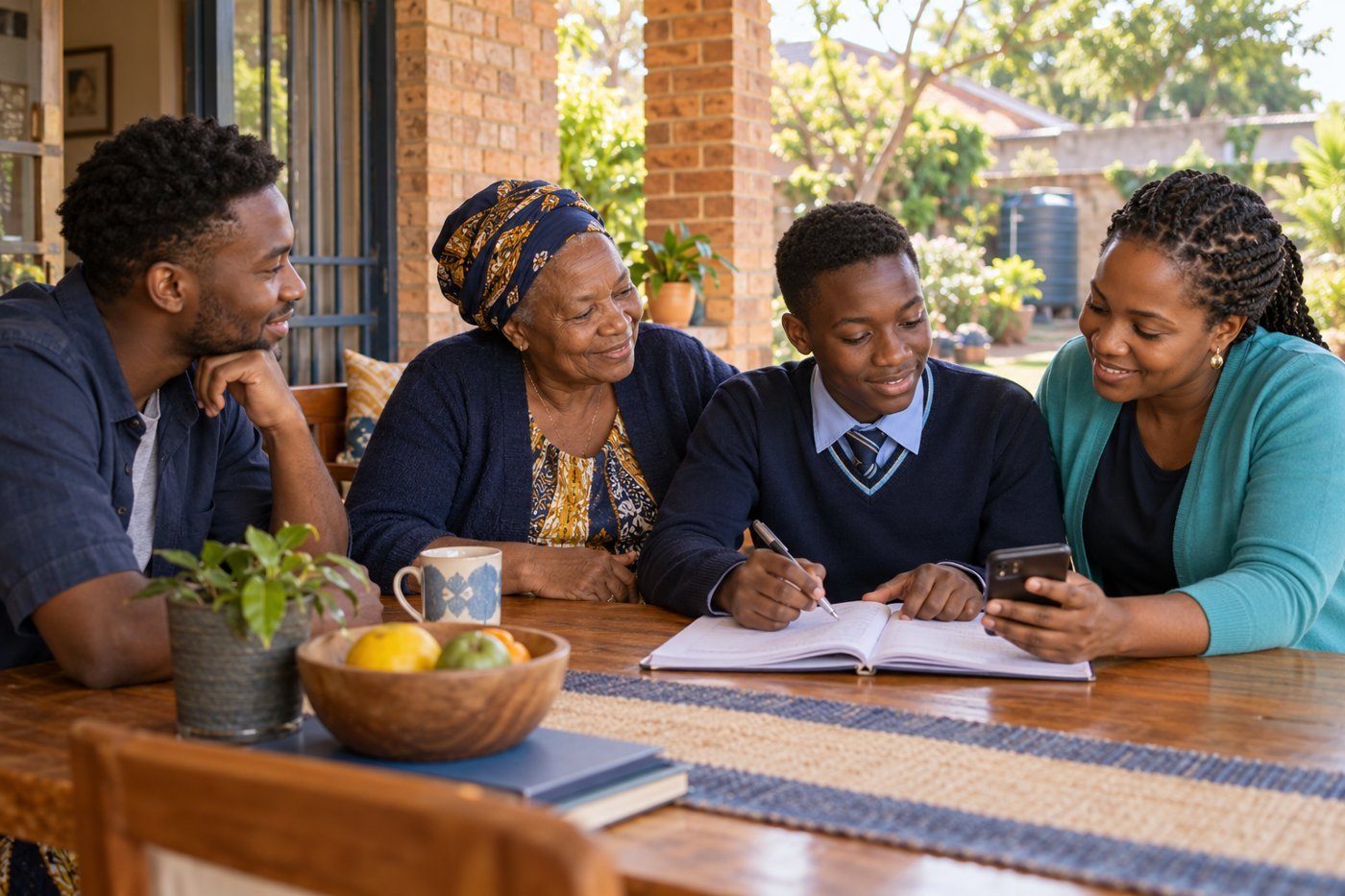 Illustrative family scene: an older woman, young adults and a school-age boy sharing a notebook and phone at home
