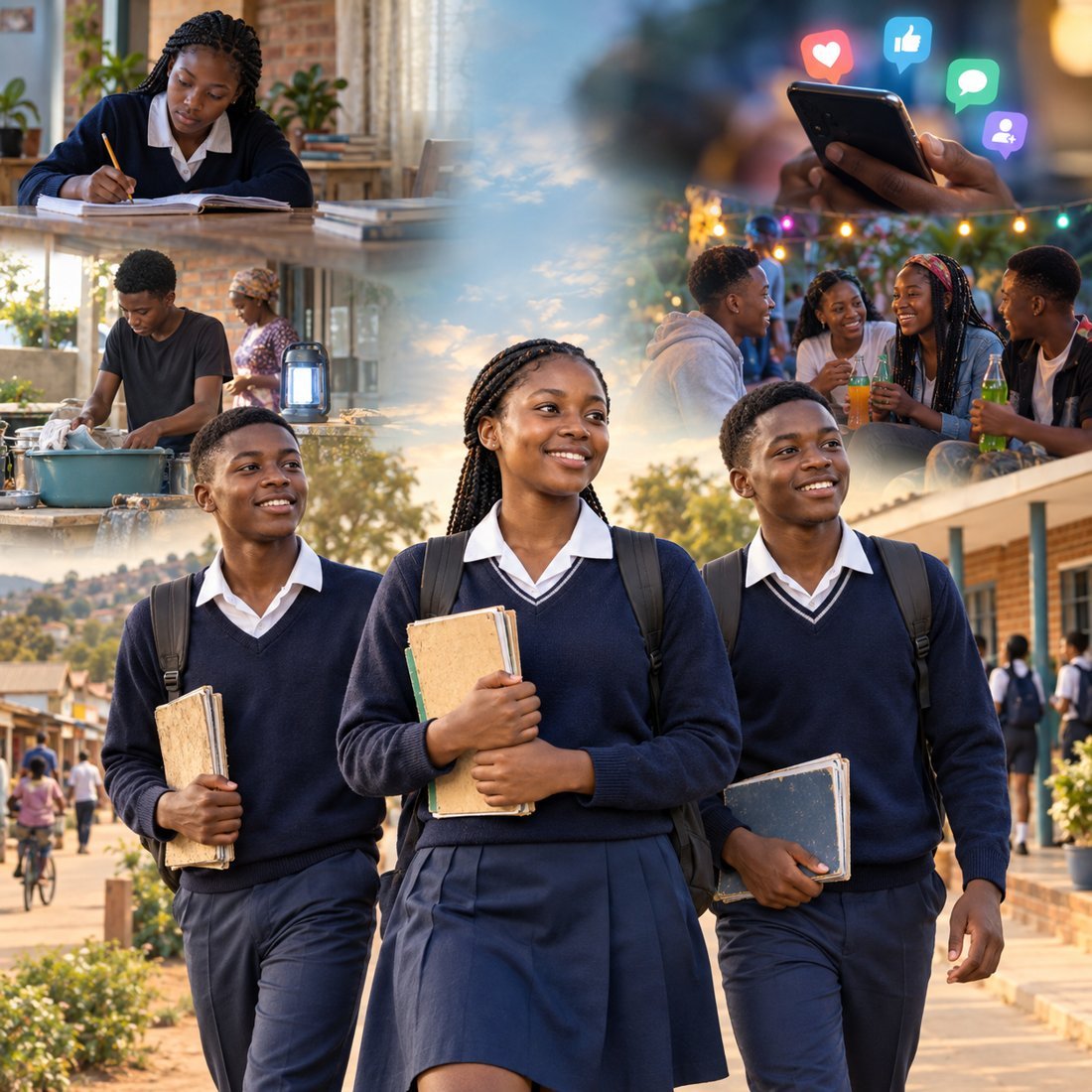 Teenagers in school uniform with familiar study, phone, friendship and household situations around them