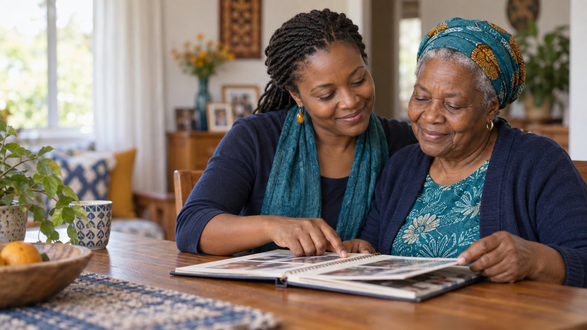 A younger woman and an older woman looking through a photo album together
