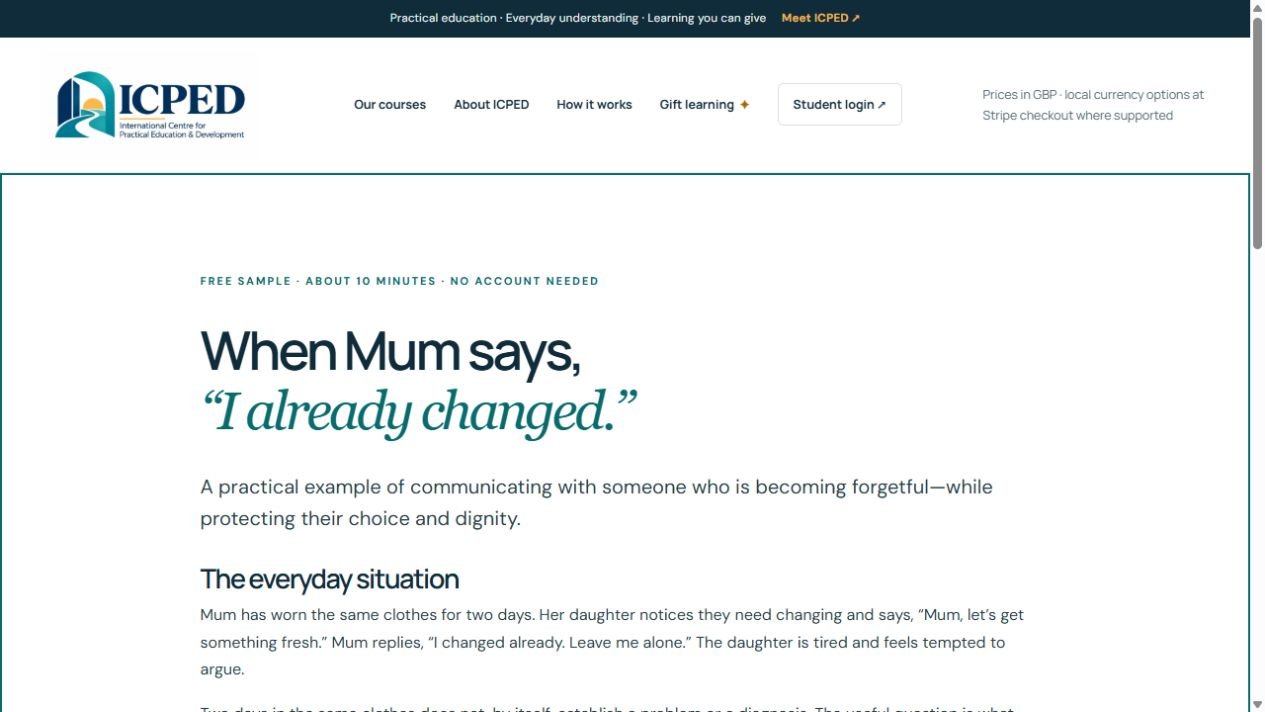 Screenshot of ICPED’s free lesson about a calm conversation when someone is becoming forgetful